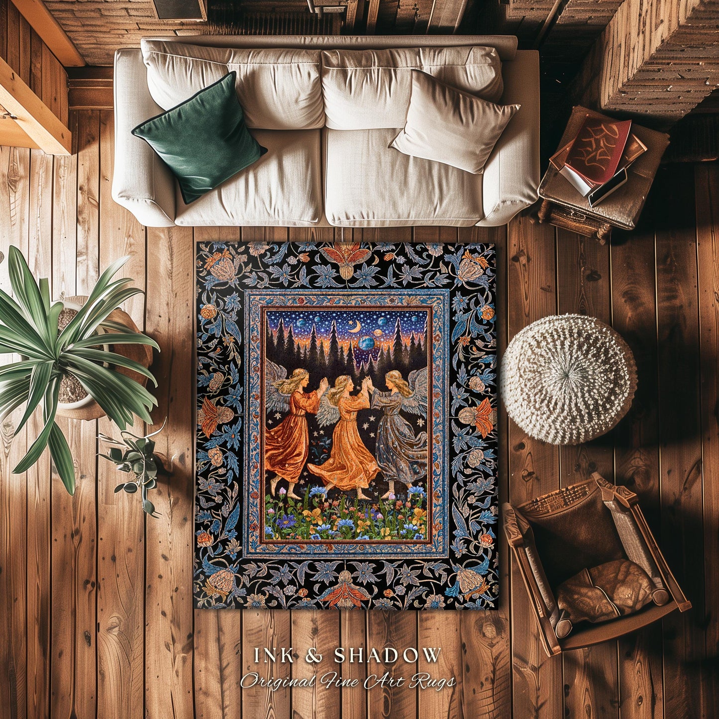 Woodland Folklore Fairies Accent Rug | Medieval Moonlit Bohemian Dreamy Spirits Midsummer Aesthetic Dark Academia Bedroom Decor Whimsical |