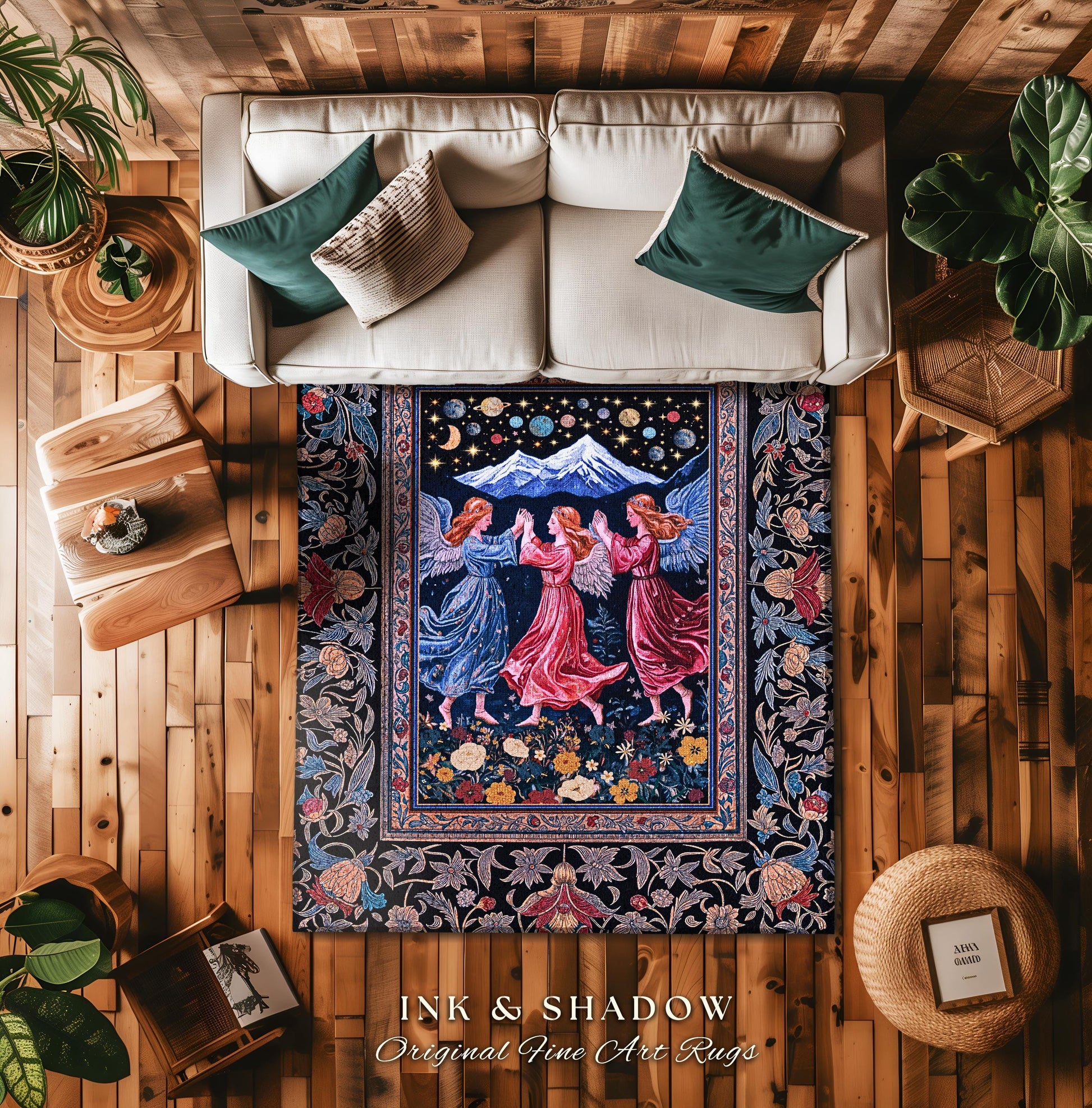Mountain Fairies Magical Area Rug | Whimsical Scandinavian Folklore Jewel Tone Bedroom Medieval Angel Aesthetic Celestial Woodland Style |