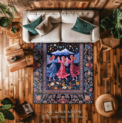 Mountain Fairies Magical Area Rug | Whimsical Scandinavian Folklore Jewel Tone Bedroom Medieval Angel Aesthetic Celestial Woodland Style |