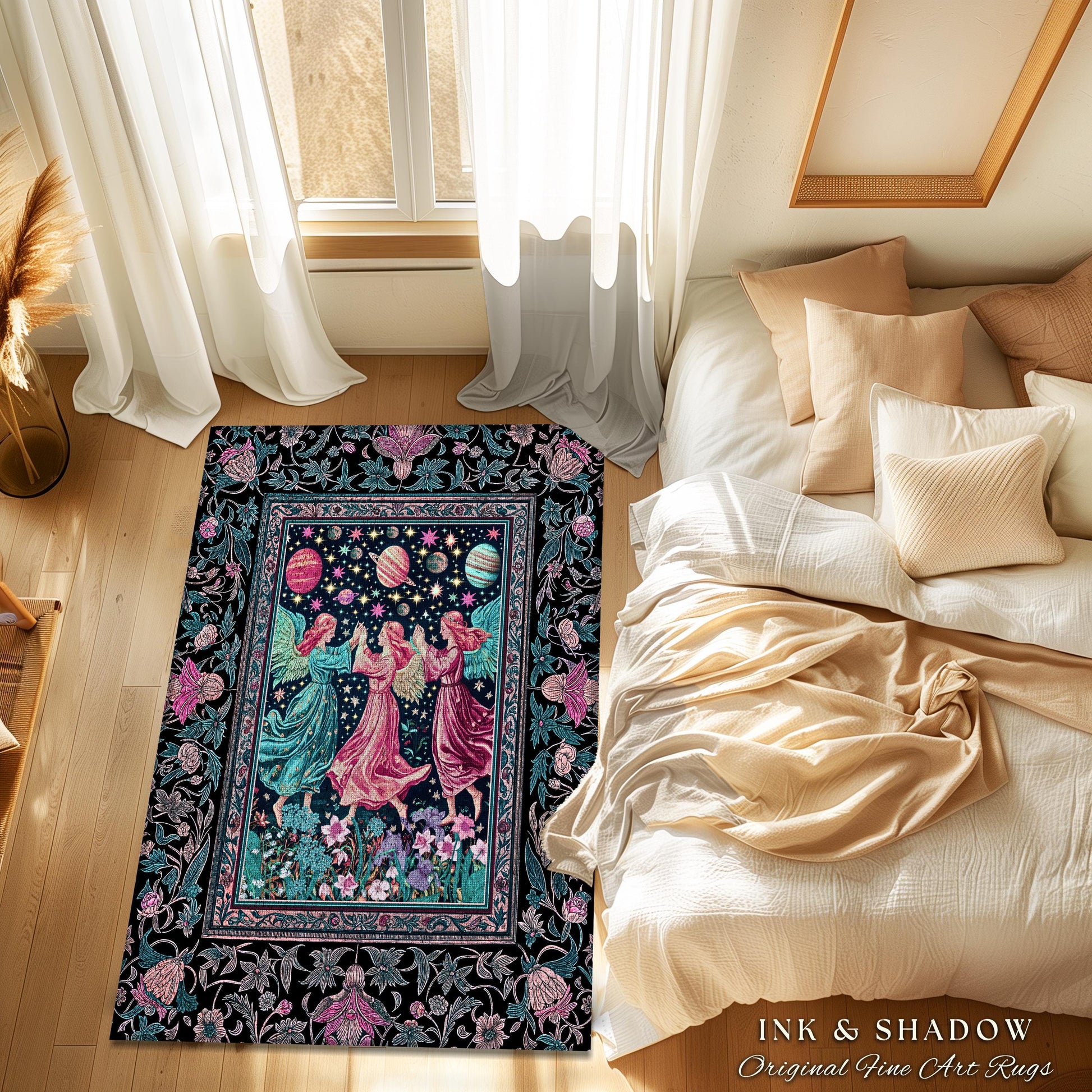 Witchy Celestial Angels Accent Rug | Astrology Inspired Cosmic Bedroom Decor Whimsical Eclectic Home Decor Fairycore Bohemian Jewel Tone |