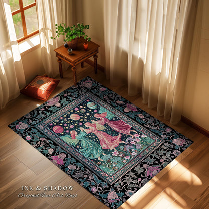 Witchy Celestial Angels Accent Rug | Astrology Inspired Cosmic Bedroom Decor Whimsical Eclectic Home Decor Fairycore Bohemian Jewel Tone |