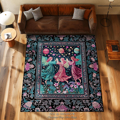 Witchy Celestial Angels Accent Rug | Astrology Inspired Cosmic Bedroom Decor Whimsical Eclectic Home Decor Fairycore Bohemian Jewel Tone |