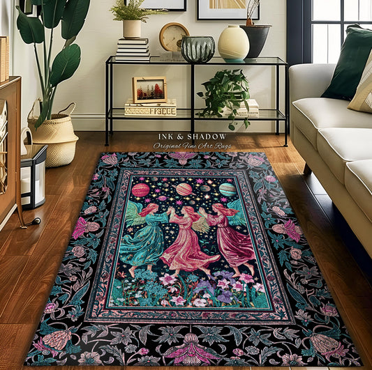 Witchy Celestial Angels Accent Rug | Astrology Inspired Cosmic Bedroom Decor Whimsical Eclectic Home Decor Fairycore Bohemian Jewel Tone |
