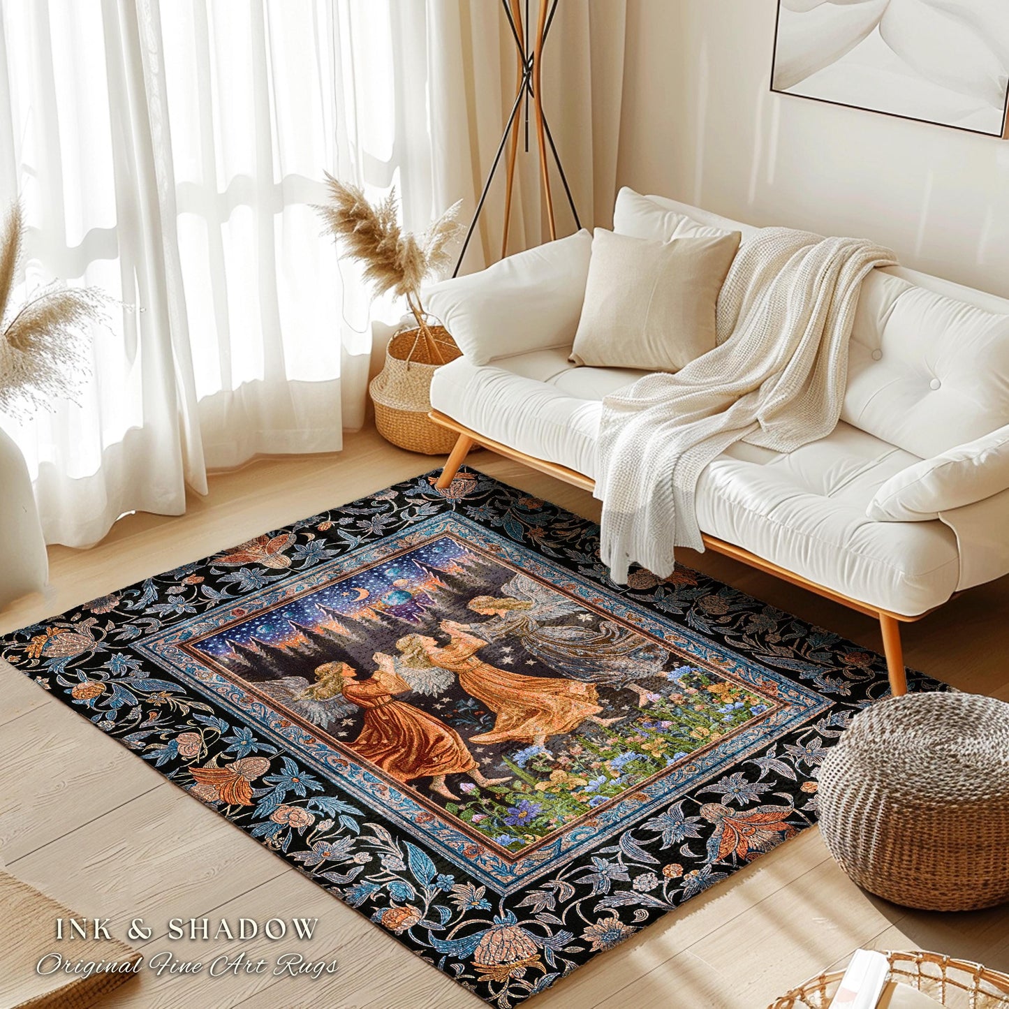Woodland Folklore Fairies Accent Rug | Medieval Moonlit Bohemian Dreamy Spirits Midsummer Aesthetic Dark Academia Bedroom Decor Whimsical |