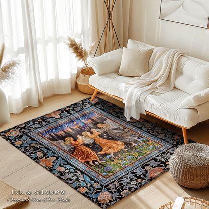 Woodland Folklore Fairies Accent Rug | Medieval Moonlit Bohemian Dreamy Spirits Midsummer Aesthetic Dark Academia Bedroom Decor Whimsical |