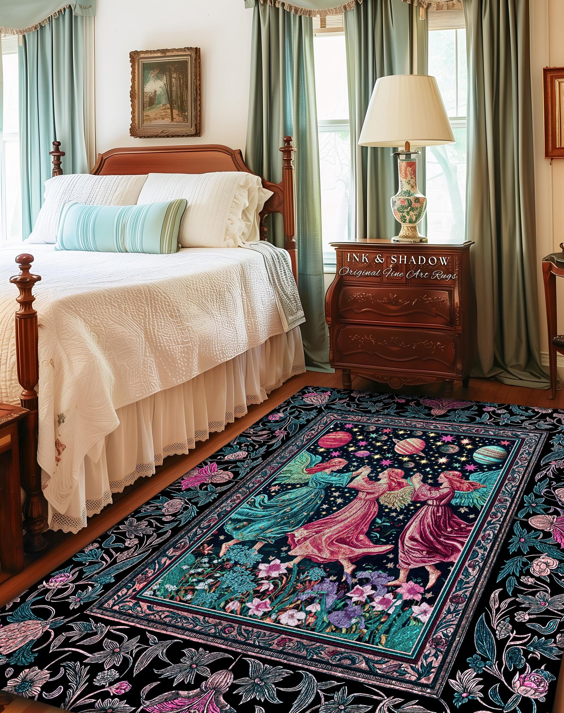 Witchy Celestial Angels Accent Rug | Astrology Inspired Cosmic Bedroom Decor Whimsical Eclectic Home Decor Fairycore Bohemian Jewel Tone |