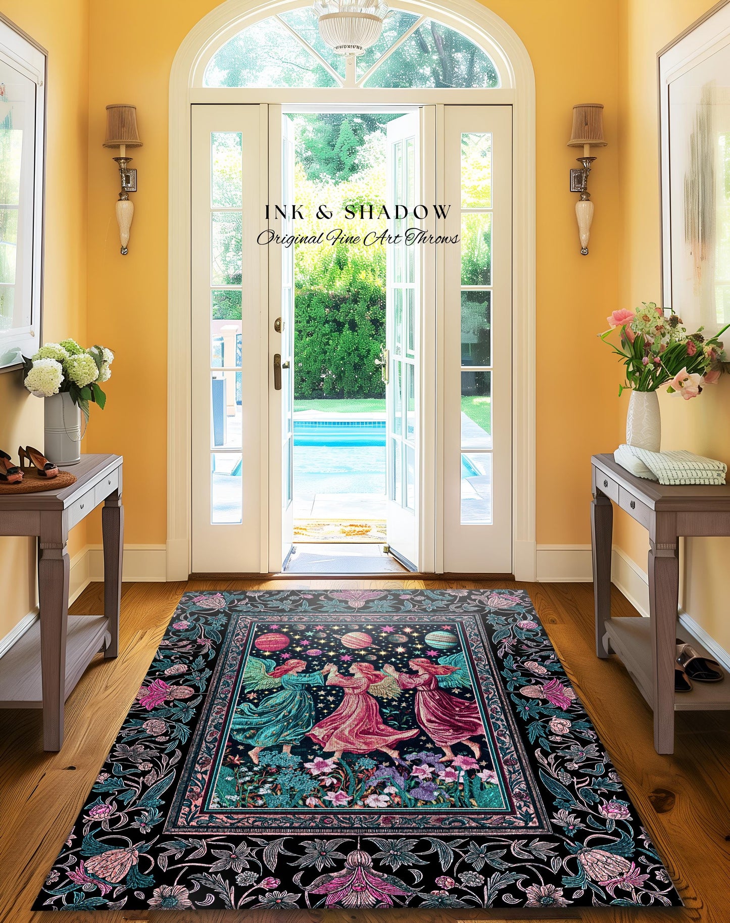 Witchy Celestial Angels Accent Rug | Astrology Inspired Cosmic Bedroom Decor Whimsical Eclectic Home Decor Fairycore Bohemian Jewel Tone |