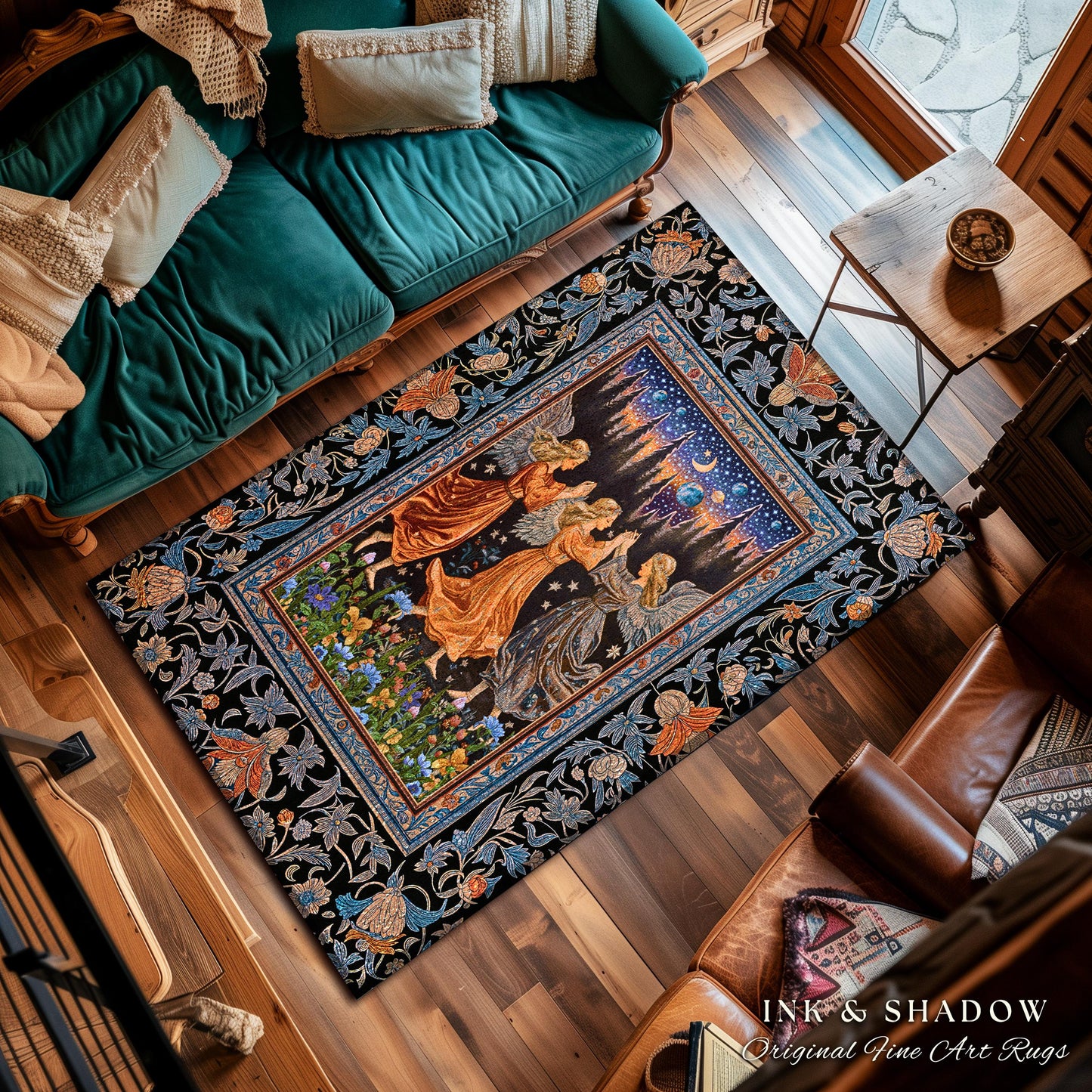 Woodland Folklore Fairies Accent Rug | Medieval Moonlit Bohemian Dreamy Spirits Midsummer Aesthetic Dark Academia Bedroom Decor Whimsical |