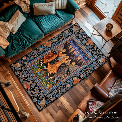 Woodland Folklore Fairies Accent Rug | Medieval Moonlit Bohemian Dreamy Spirits Midsummer Aesthetic Dark Academia Bedroom Decor Whimsical |