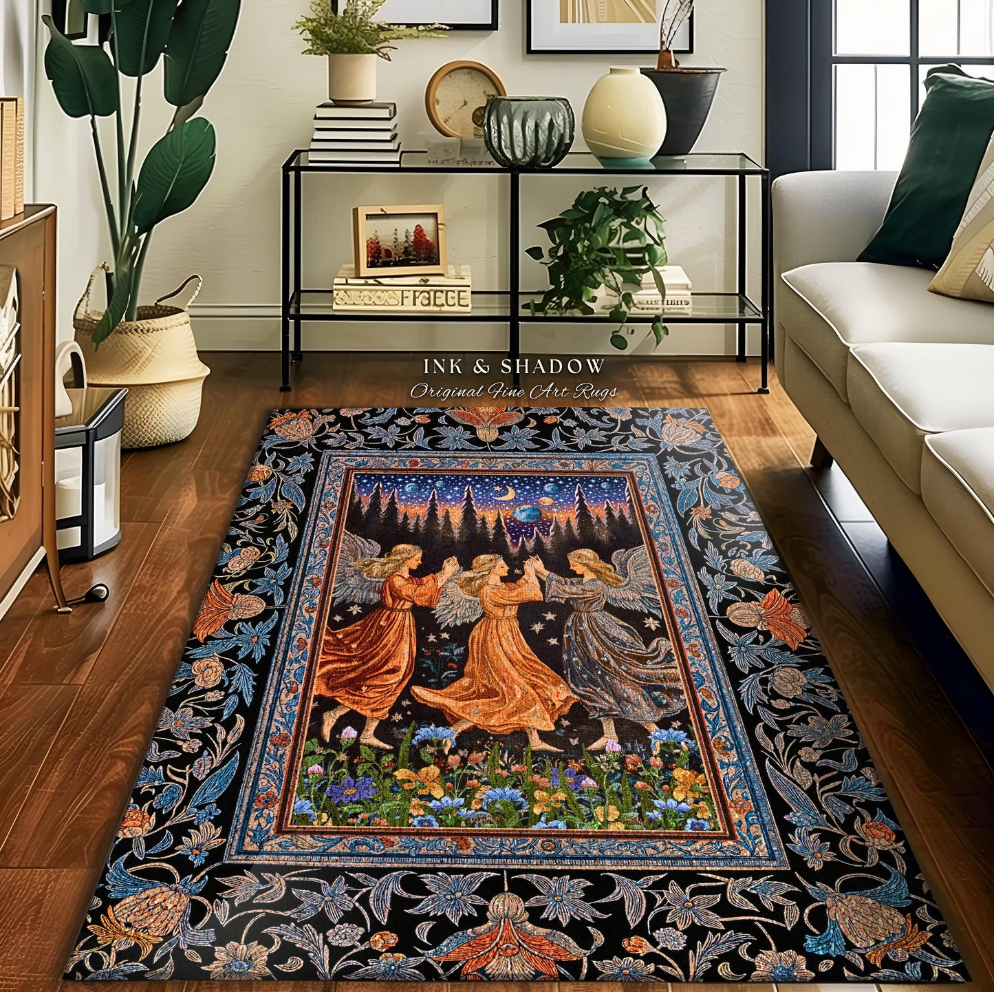 Woodland Folklore Fairies Accent Rug | Medieval Moonlit Bohemian Dreamy Spirits Midsummer Aesthetic Dark Academia Bedroom Decor Whimsical |