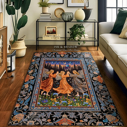 Woodland Folklore Fairies Accent Rug | Medieval Moonlit Bohemian Dreamy Spirits Midsummer Aesthetic Dark Academia Bedroom Decor Whimsical |