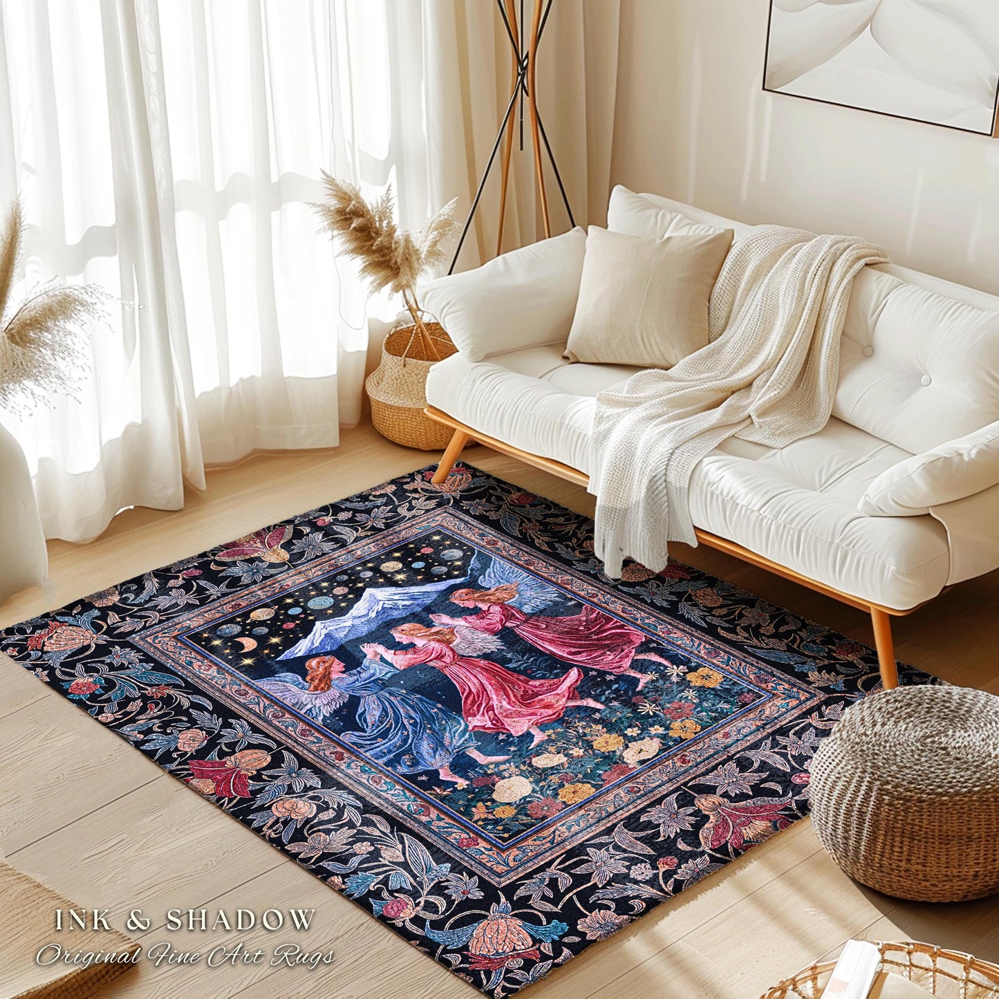 Mountain Fairies Magical Area Rug | Whimsical Scandinavian Folklore Jewel Tone Bedroom Medieval Angel Aesthetic Celestial Woodland Style |