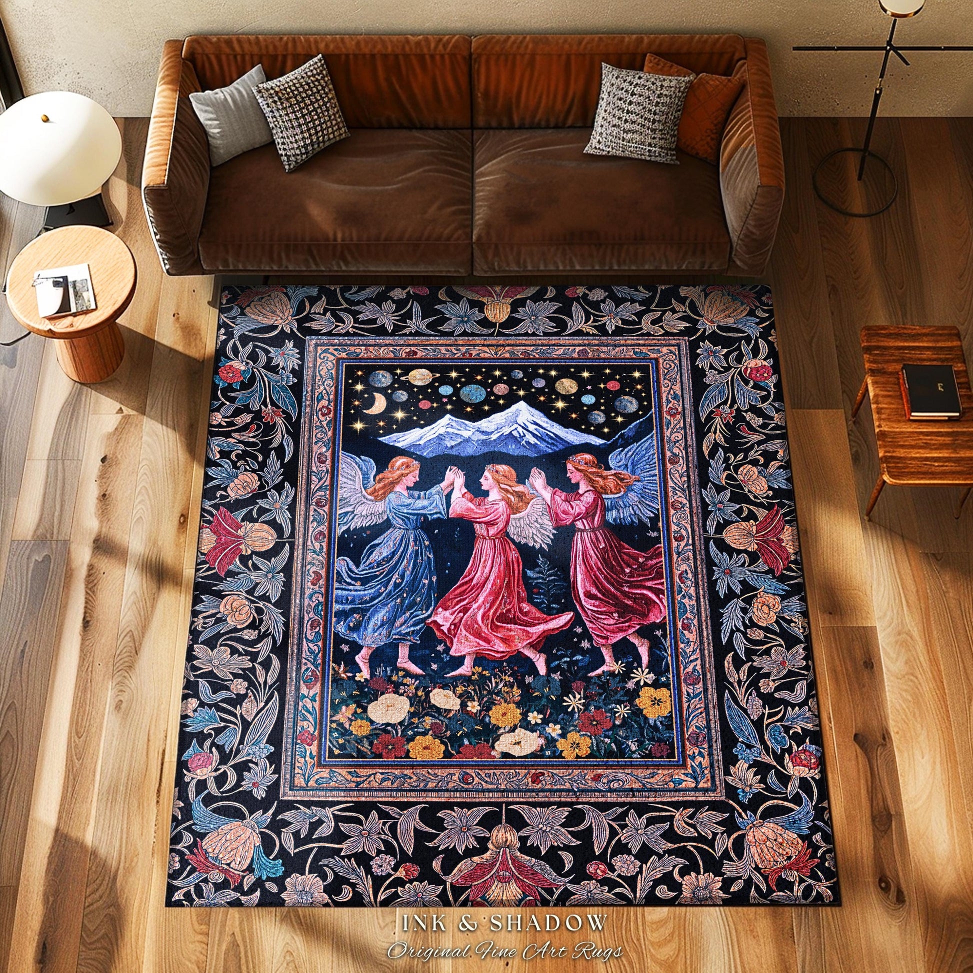 Mountain Fairies Magical Area Rug | Whimsical Scandinavian Folklore Jewel Tone Bedroom Medieval Angel Aesthetic Celestial Woodland Style |