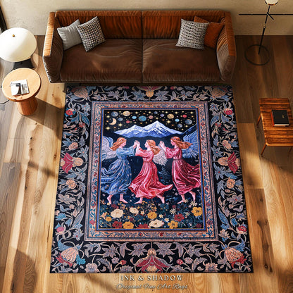 Mountain Fairies Magical Area Rug | Whimsical Scandinavian Folklore Jewel Tone Bedroom Medieval Angel Aesthetic Celestial Woodland Style |