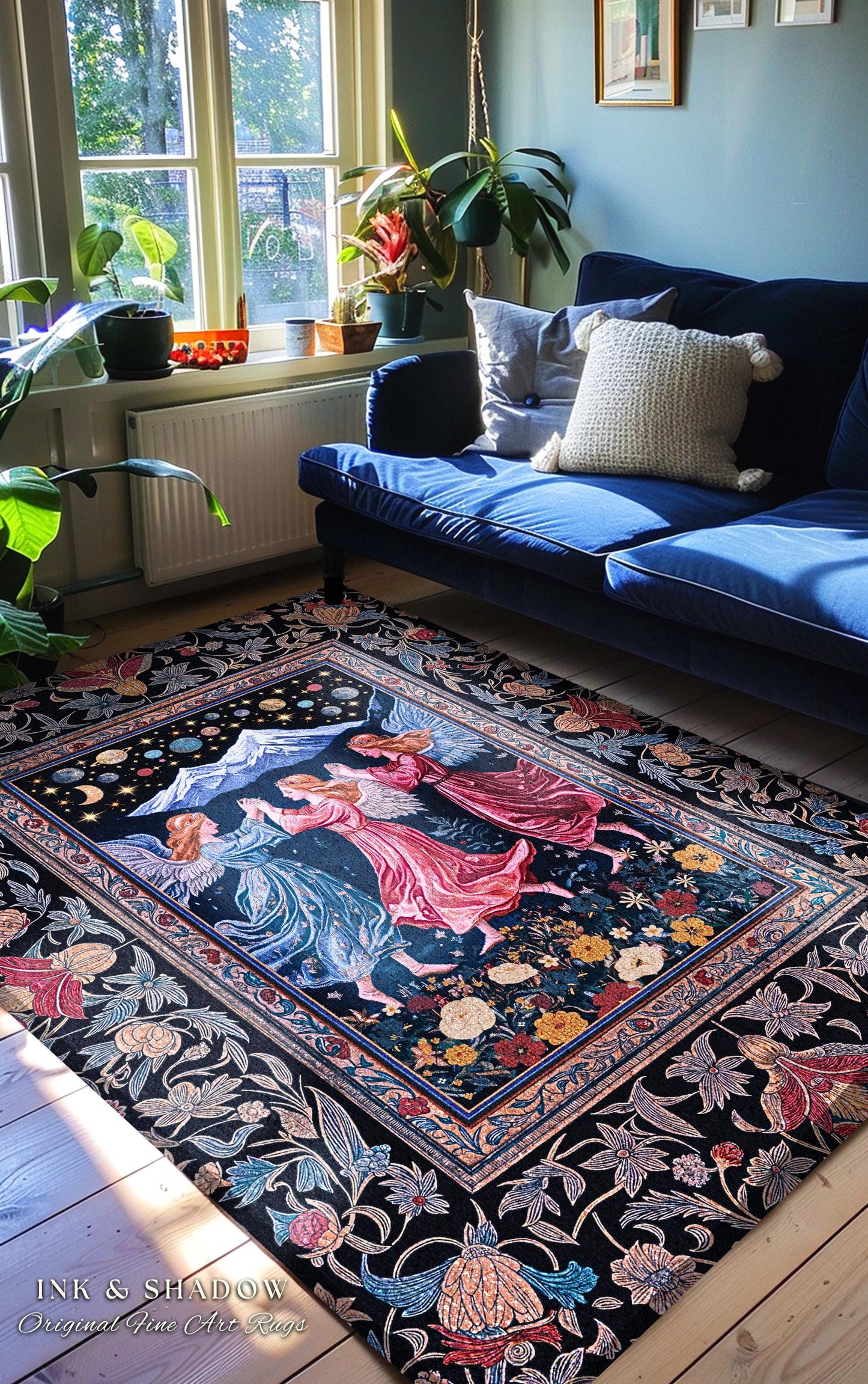 Mountain Fairies Magical Area Rug | Whimsical Scandinavian Folklore Jewel Tone Bedroom Medieval Angel Aesthetic Celestial Woodland Style |