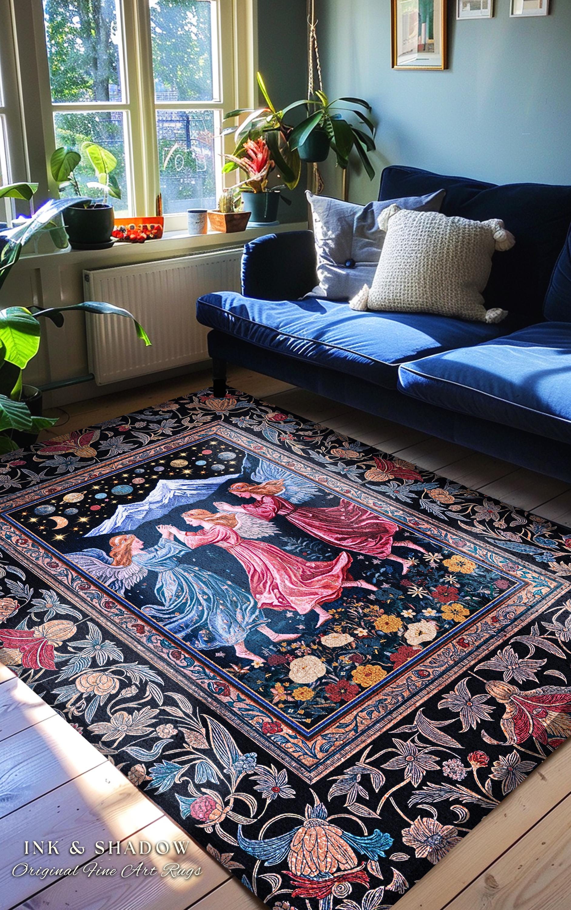 Mountain Fairies Magical Area Rug | Whimsical Scandinavian Folklore Jewel Tone Bedroom Medieval Angel Aesthetic Celestial Woodland Style |