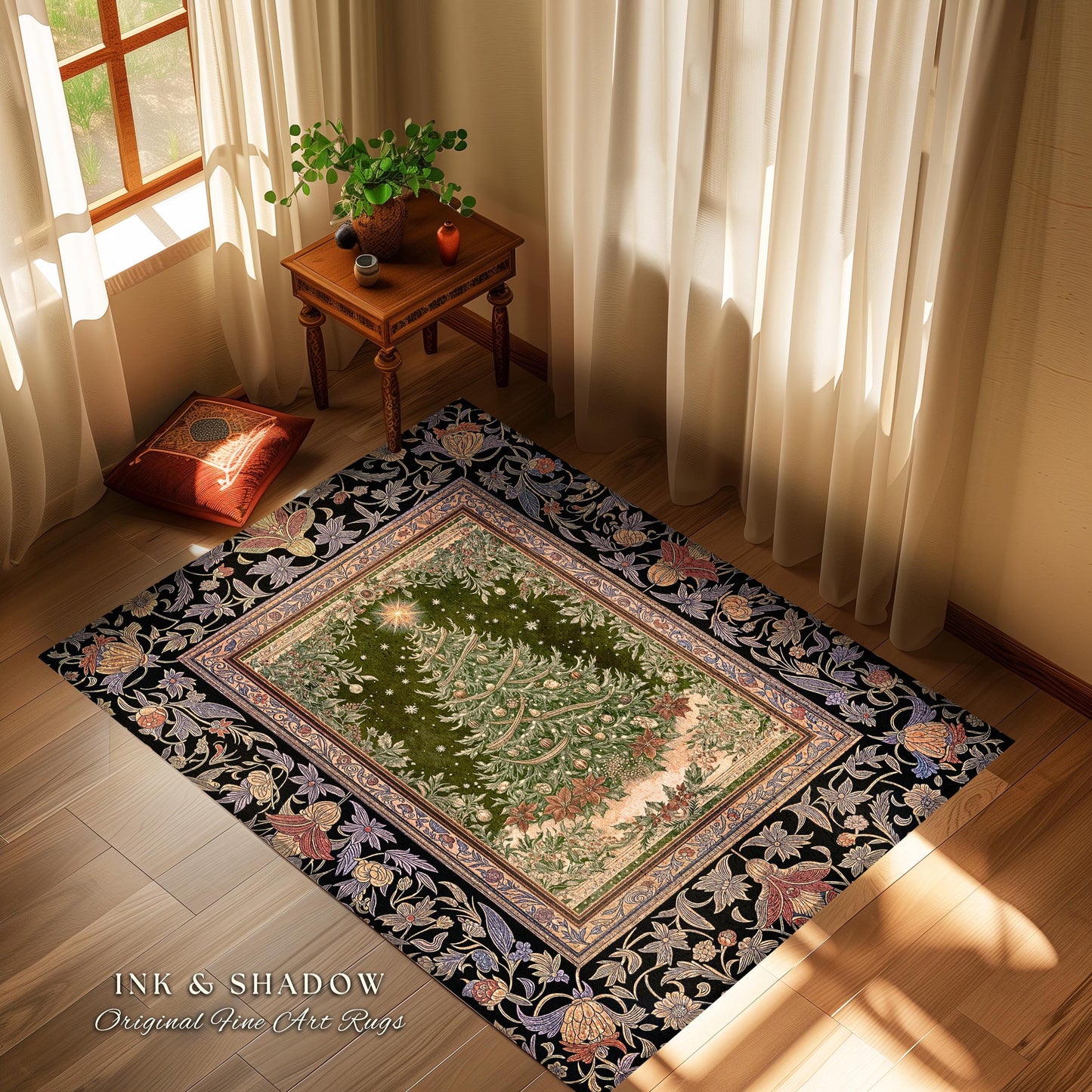Warm & Cozy Christmas Tree Rug | Festive Vintage Holiday Floor Art Whimsical Winter Decor Decorative Floral Victorian Style Xmas Aesthetic