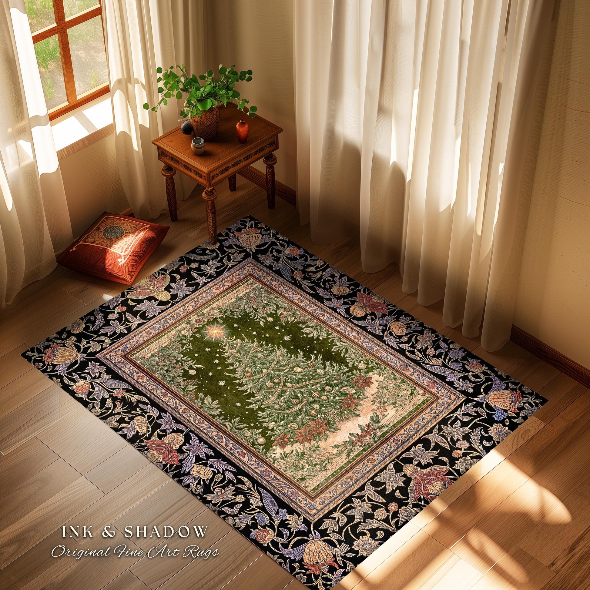 Warm & Cozy Christmas Tree Rug | Festive Vintage Holiday Floor Art Whimsical Winter Decor Decorative Floral Victorian Style Xmas Aesthetic