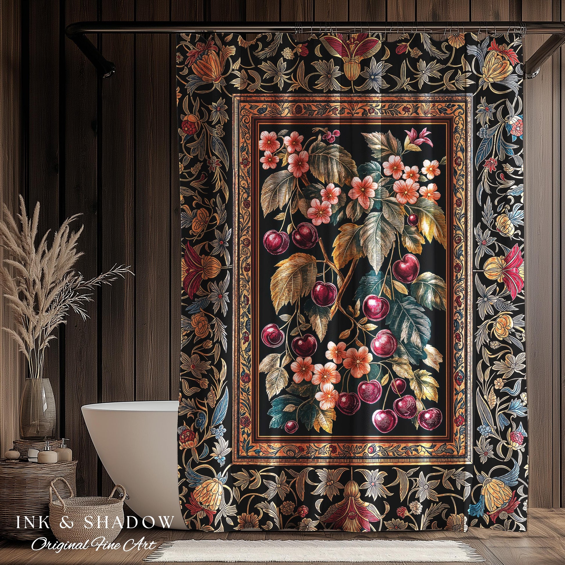 Dark Romantic Cherry Blossom Shower Curtain | Vintage Botanical Art Gothic Floral Design Moody Accent Baroque Cottagecore Bathroom Decor |