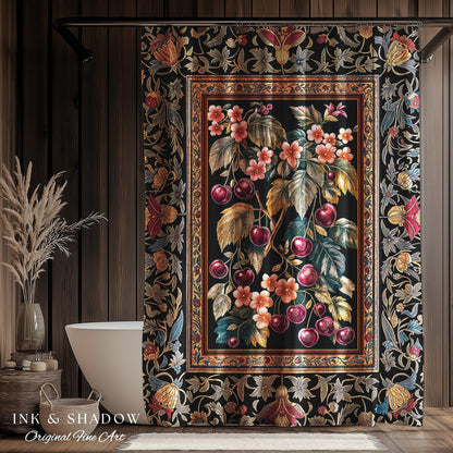 Dark Romantic Cherry Blossom Shower Curtain | Vintage Botanical Art Gothic Floral Design Moody Accent Baroque Cottagecore Bathroom Decor |
