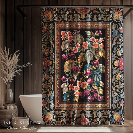 Dark Romantic Cherry Blossom Shower Curtain | Vintage Botanical Art Gothic Floral Design Moody Accent Baroque Cottagecore Bathroom Decor |