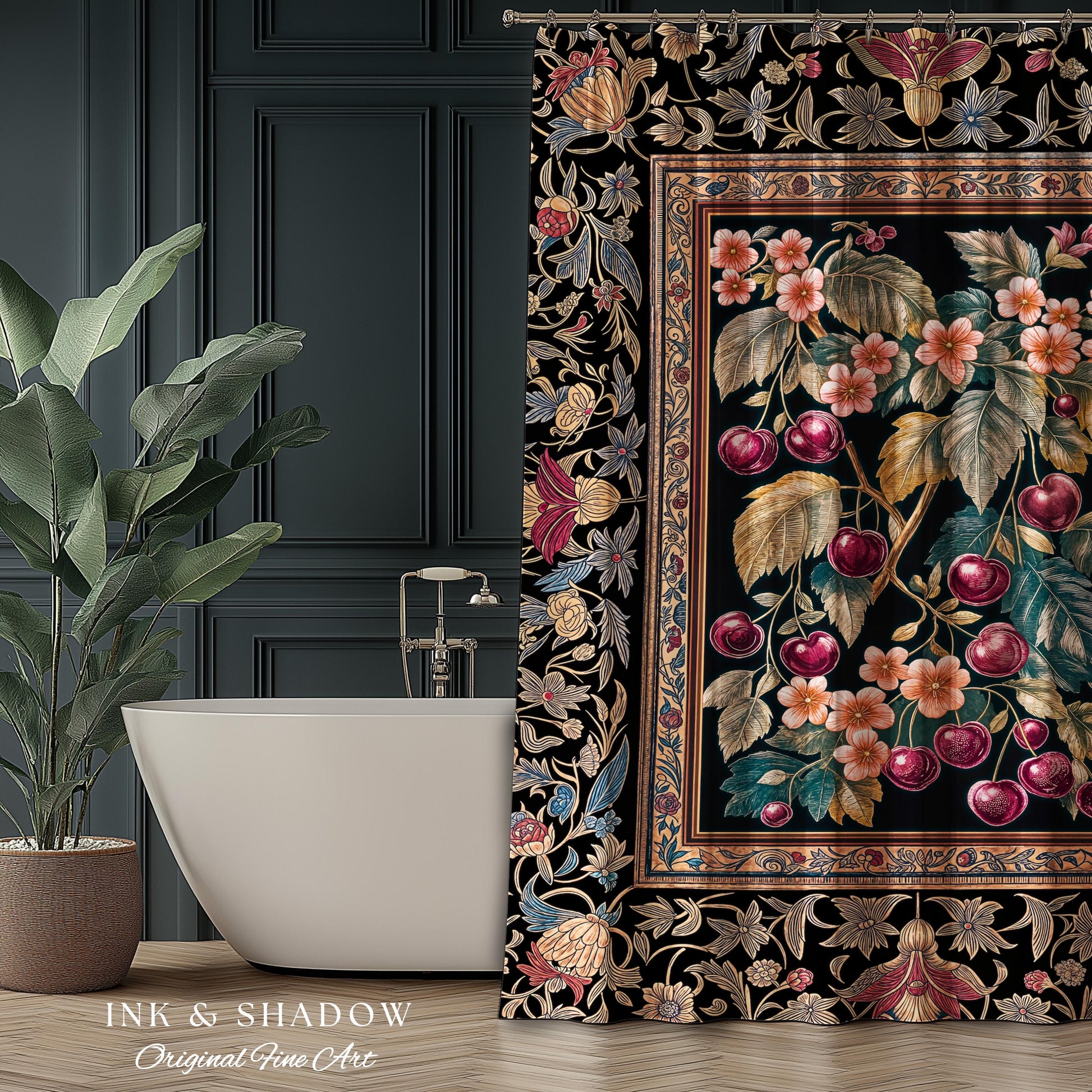 Dark Romantic Cherry Blossom Shower Curtain | Vintage Botanical Art Gothic Floral Design Moody Accent Baroque Cottagecore Bathroom Decor |