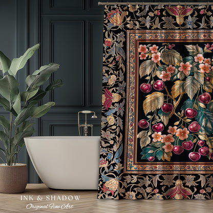 Dark Romantic Cherry Blossom Shower Curtain | Vintage Botanical Art Gothic Floral Design Moody Accent Baroque Cottagecore Bathroom Decor |
