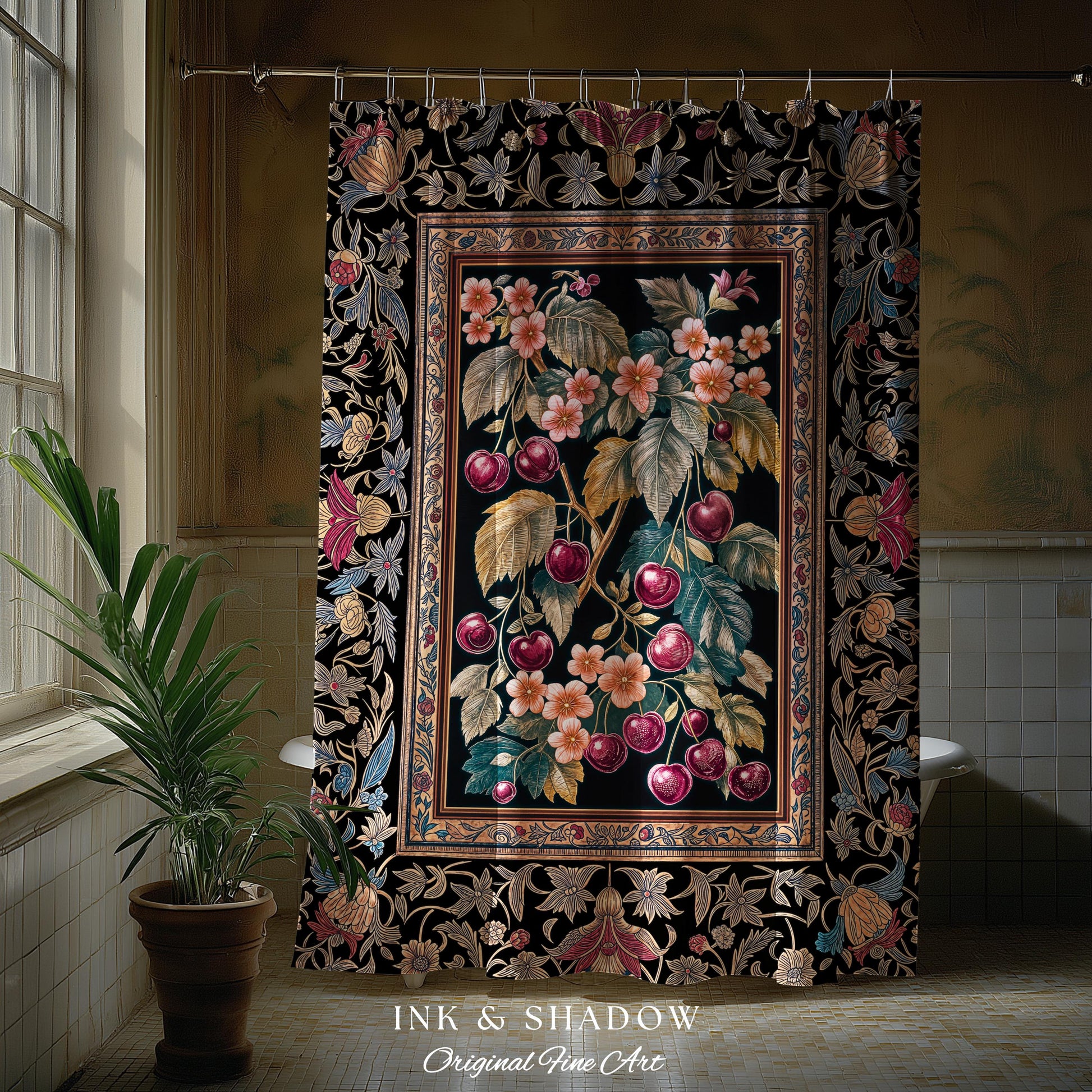 Dark Romantic Cherry Blossom Shower Curtain | Vintage Botanical Art Gothic Floral Design Moody Accent Baroque Cottagecore Bathroom Decor |