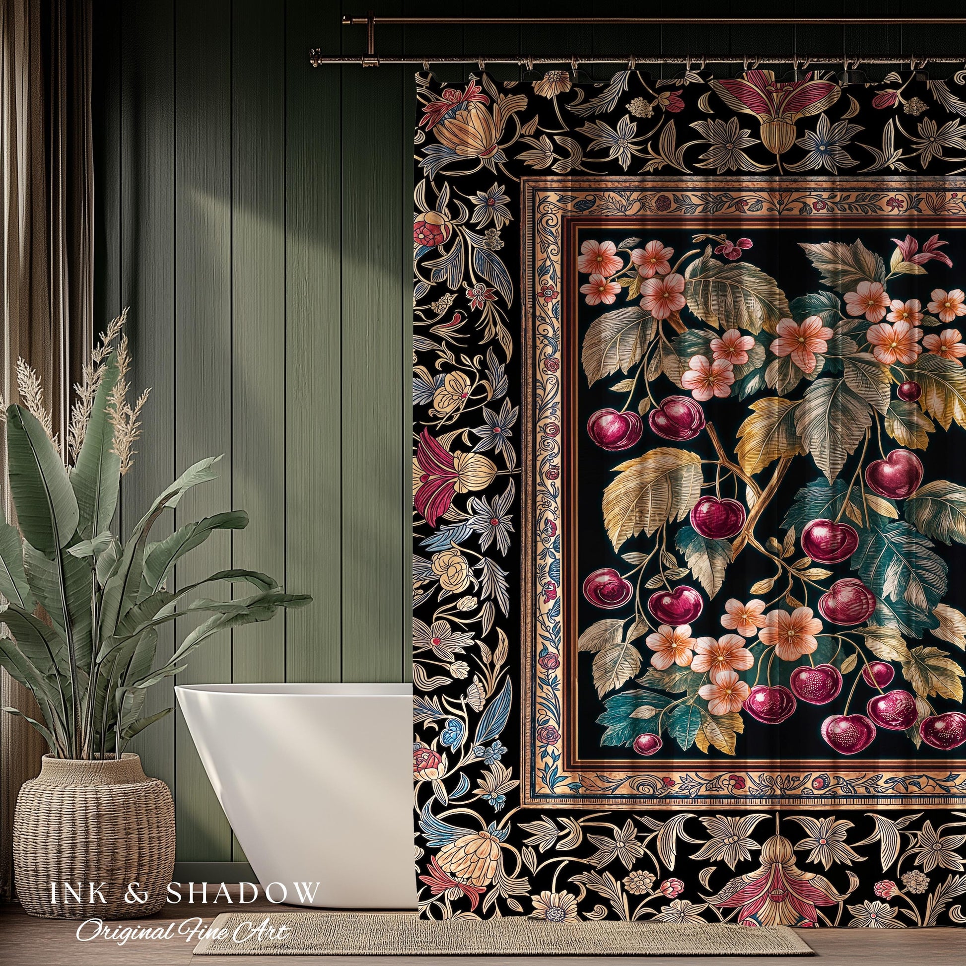 Dark Romantic Cherry Blossom Shower Curtain | Vintage Botanical Art Gothic Floral Design Moody Accent Baroque Cottagecore Bathroom Decor |