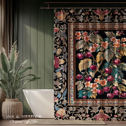 Dark Romantic Cherry Blossom Shower Curtain | Vintage Botanical Art Gothic Floral Design Moody Accent Baroque Cottagecore Bathroom Decor |