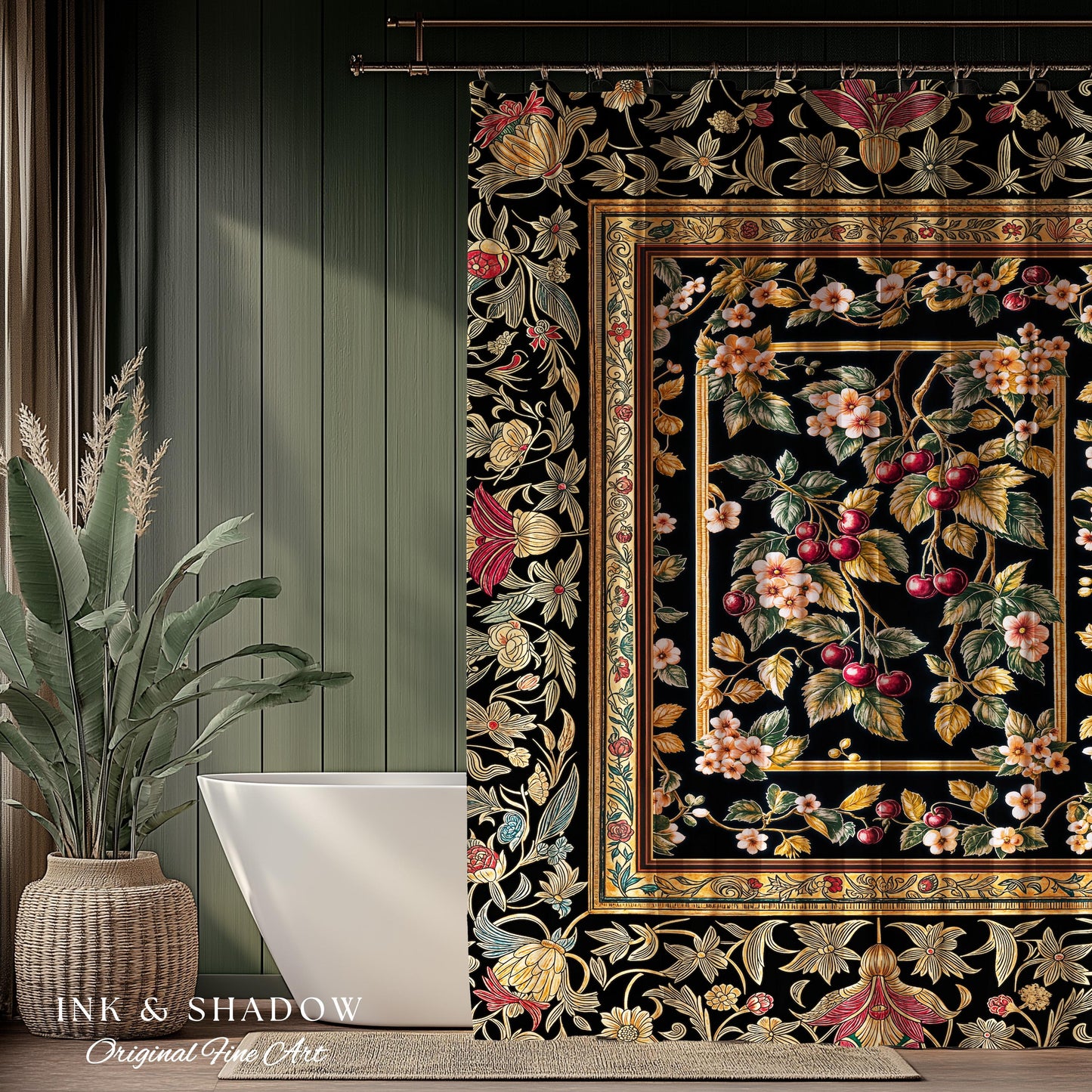 Mystic Baroque Cherry Garden Shower Curtain | Ornate Botanical Design Romantic Fruit Pattern Gothic Nature Rococo Floral Bathroom Accent |
