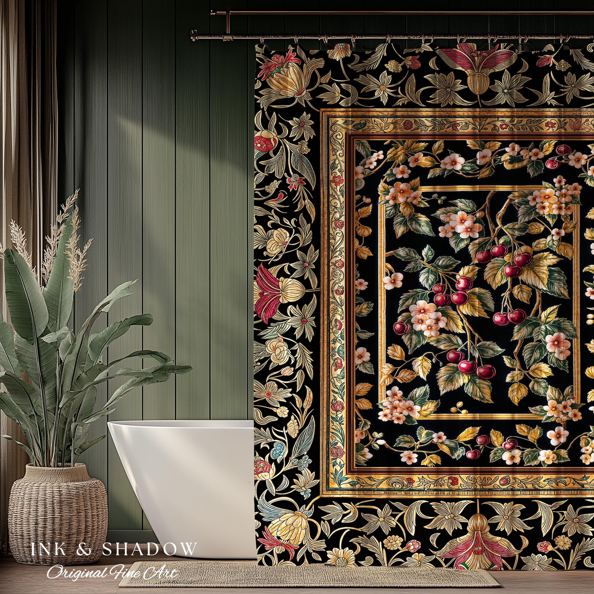 Mystic Baroque Cherry Garden Shower Curtain | Ornate Botanical Design Romantic Fruit Pattern Gothic Nature Rococo Floral Bathroom Accent |