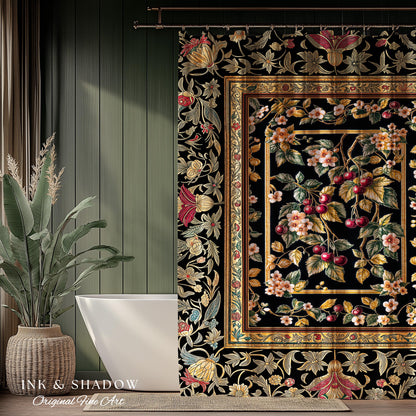 Mystic Baroque Cherry Garden Shower Curtain | Ornate Botanical Design Romantic Fruit Pattern Gothic Nature Rococo Floral Bathroom Accent |