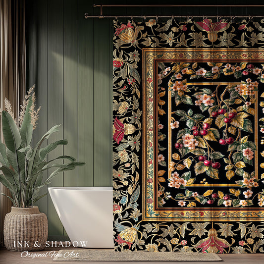 Mystic Baroque Cherry Garden Shower Curtain | Ornate Botanical Design Romantic Fruit Pattern Gothic Nature Rococo Floral Bathroom Accent |