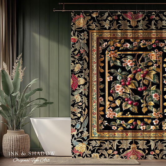 Mystic Baroque Cherry Garden Shower Curtain | Ornate Botanical Design Romantic Fruit Pattern Gothic Nature Rococo Floral Bathroom Accent |
