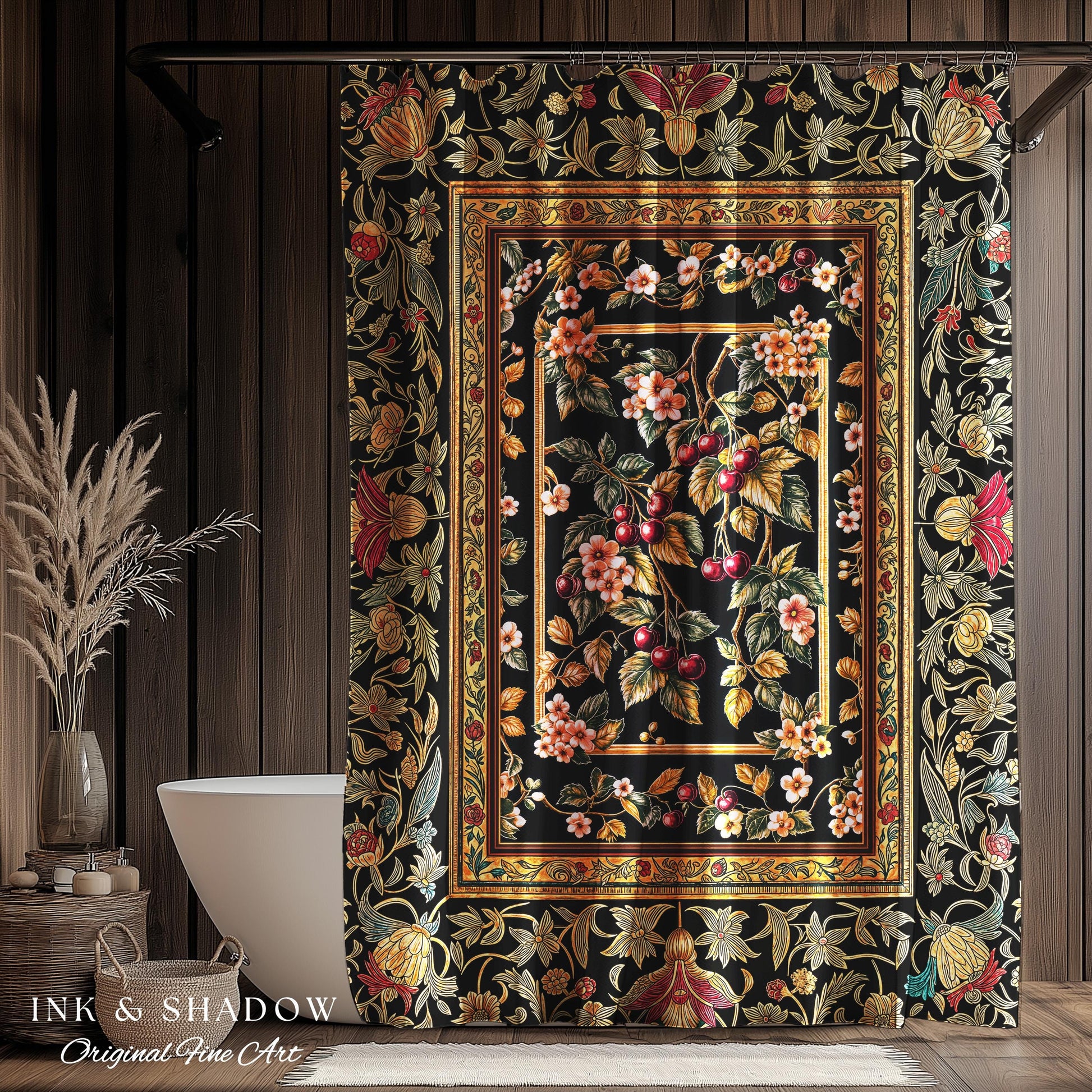 Mystic Baroque Cherry Garden Shower Curtain | Ornate Botanical Design Romantic Fruit Pattern Gothic Nature Rococo Floral Bathroom Accent |