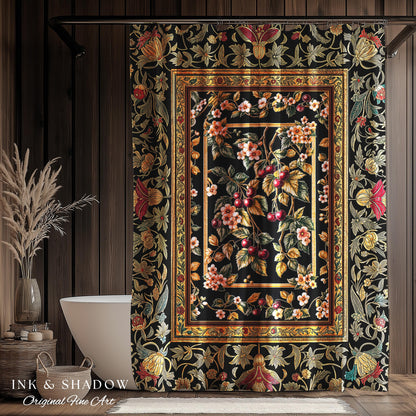 Mystic Baroque Cherry Garden Shower Curtain | Ornate Botanical Design Romantic Fruit Pattern Gothic Nature Rococo Floral Bathroom Accent |