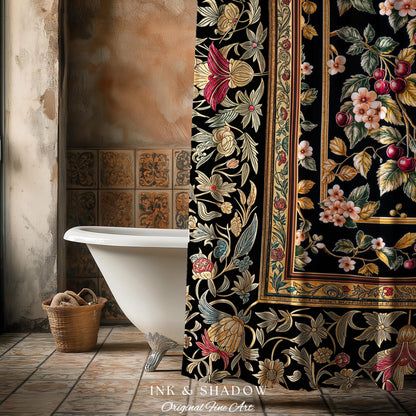 Mystic Baroque Cherry Garden Shower Curtain | Ornate Botanical Design Romantic Fruit Pattern Gothic Nature Rococo Floral Bathroom Accent |