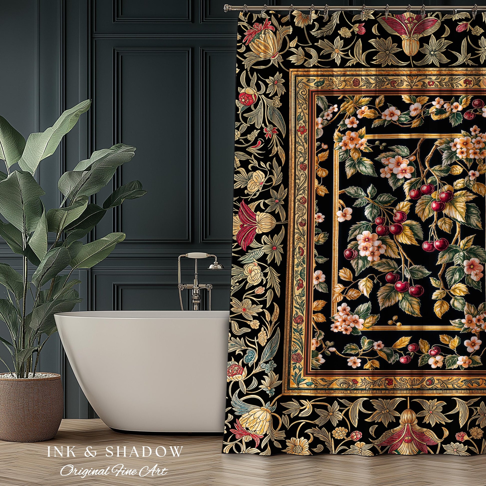Mystic Baroque Cherry Garden Shower Curtain | Ornate Botanical Design Romantic Fruit Pattern Gothic Nature Rococo Floral Bathroom Accent |