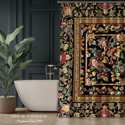 Mystic Baroque Cherry Garden Shower Curtain | Ornate Botanical Design Romantic Fruit Pattern Gothic Nature Rococo Floral Bathroom Accent |