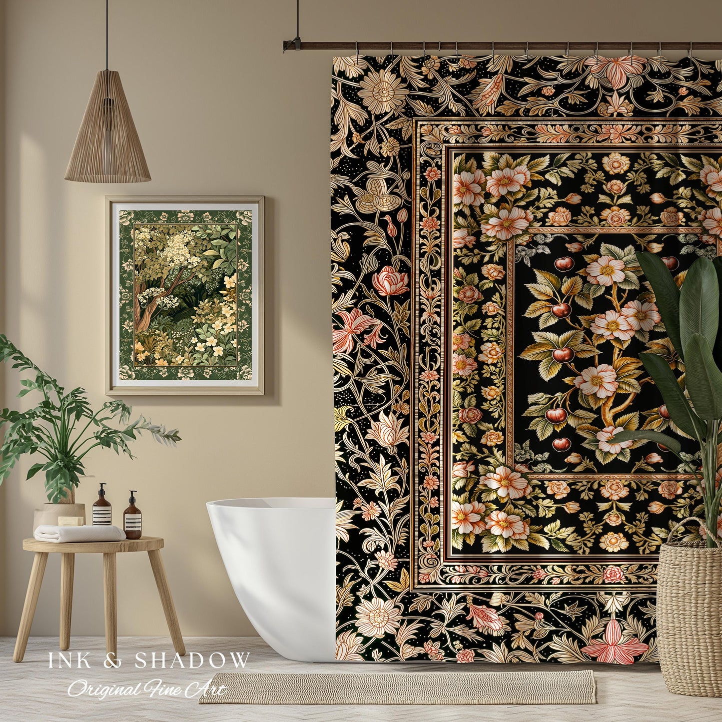 Maximalist Cherry Blossom Shower Curtain | Moody Gothic Garden Decor Romantic Floral Fruit Bathroom Accent Victorian Style Botanical Bath