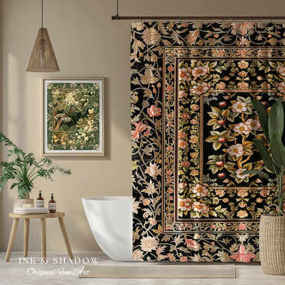Maximalist Cherry Blossom Shower Curtain | Moody Gothic Garden Decor Romantic Floral Fruit Bathroom Accent Victorian Style Botanical Bath