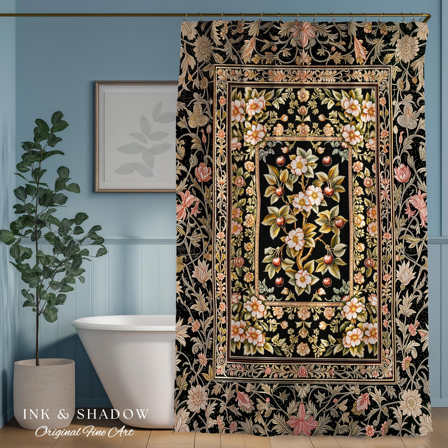 Maximalist Cherry Blossom Shower Curtain | Moody Gothic Garden Decor Romantic Floral Fruit Bathroom Accent Victorian Style Botanical Bath