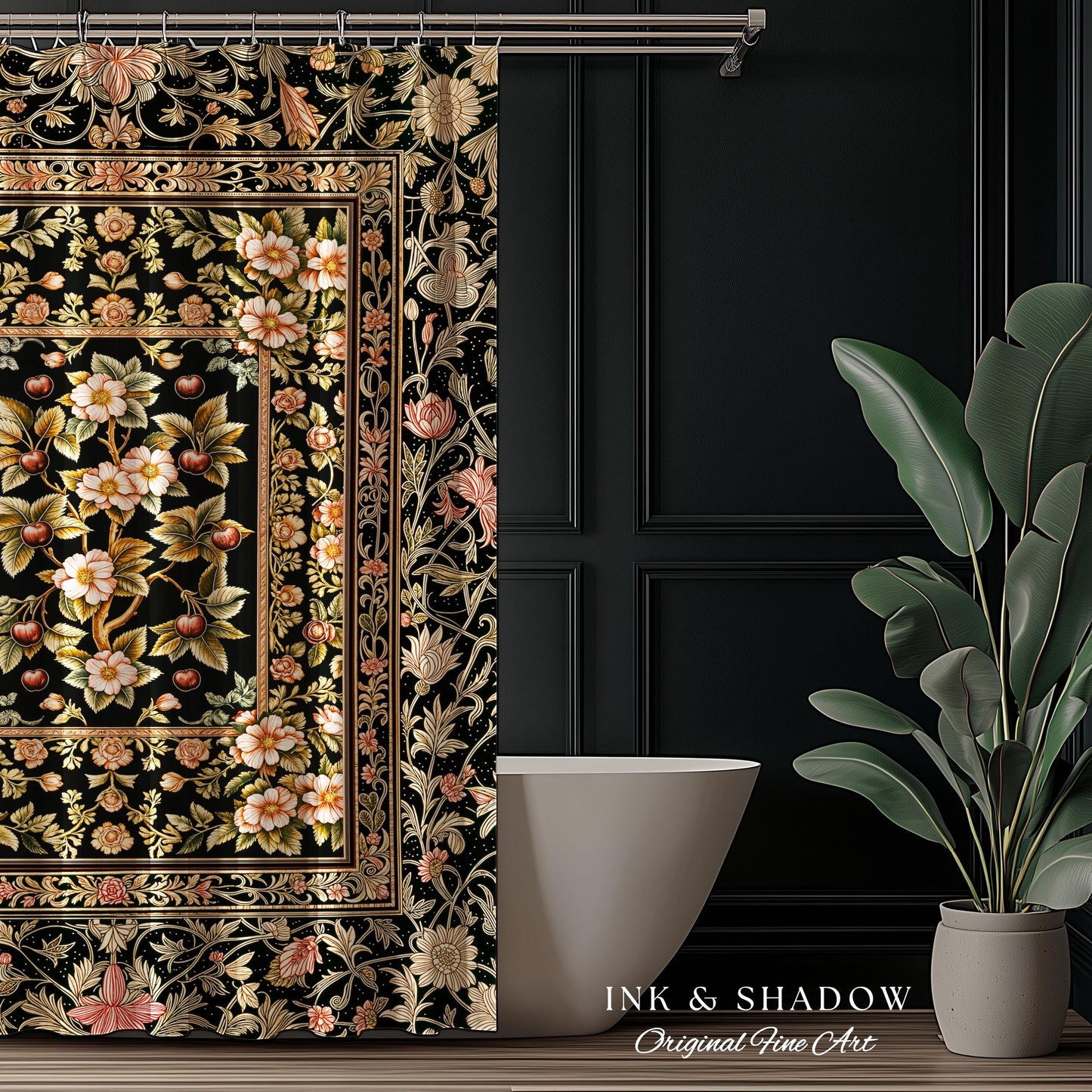 Maximalist Cherry Blossom Shower Curtain | Moody Gothic Garden Decor Romantic Floral Fruit Bathroom Accent Victorian Style Botanical Bath