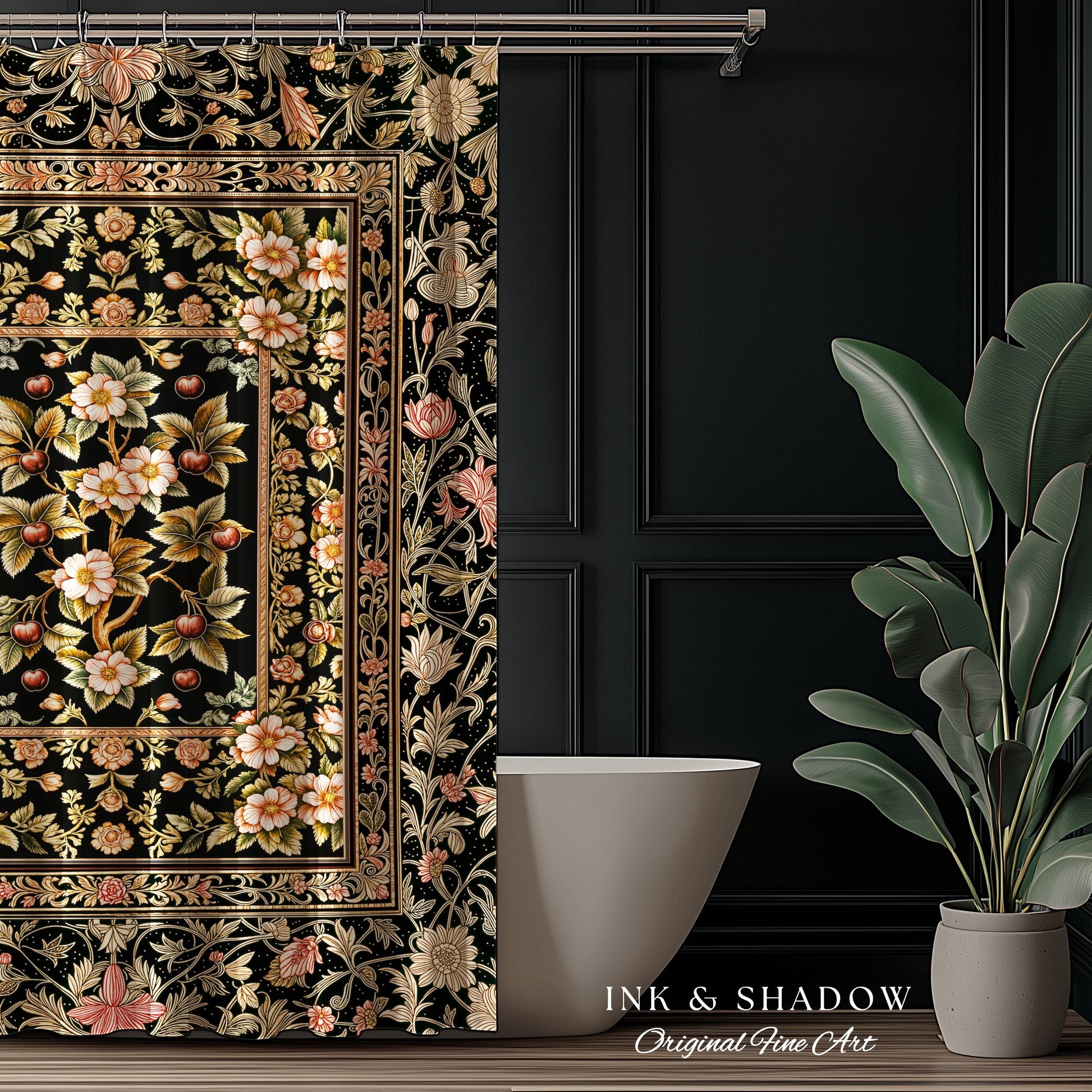 Maximalist Cherry Blossom Shower Curtain | Moody Gothic Garden Decor Romantic Floral Fruit Bathroom Accent Victorian Style Botanical Bath