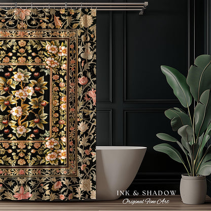 Maximalist Cherry Blossom Shower Curtain | Moody Gothic Garden Decor Romantic Floral Fruit Bathroom Accent Victorian Style Botanical Bath