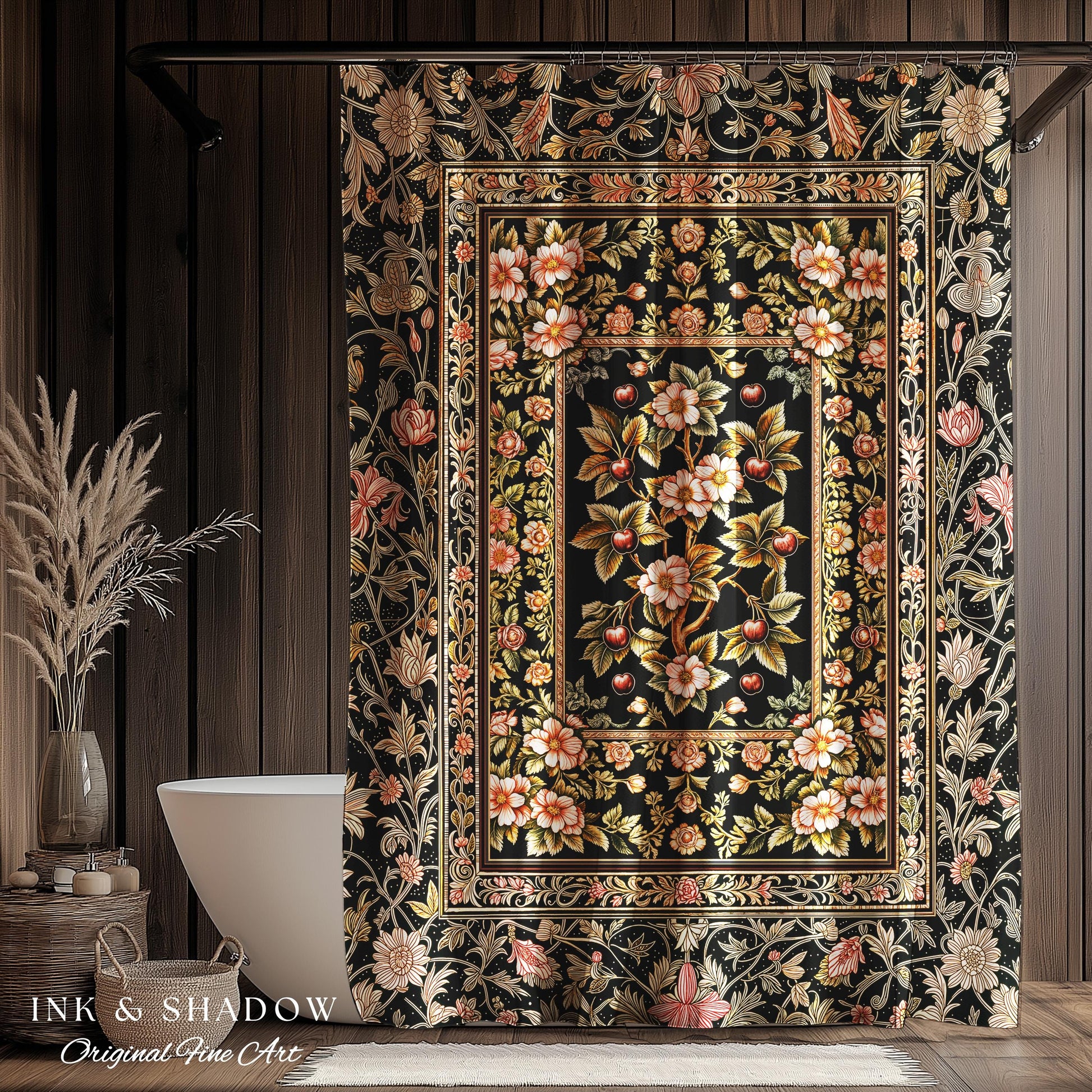 Maximalist Cherry Blossom Shower Curtain | Moody Gothic Garden Decor Romantic Floral Fruit Bathroom Accent Victorian Style Botanical Bath