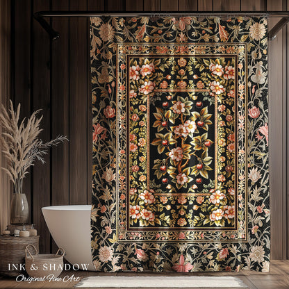 Maximalist Cherry Blossom Shower Curtain | Moody Gothic Garden Decor Romantic Floral Fruit Bathroom Accent Victorian Style Botanical Bath