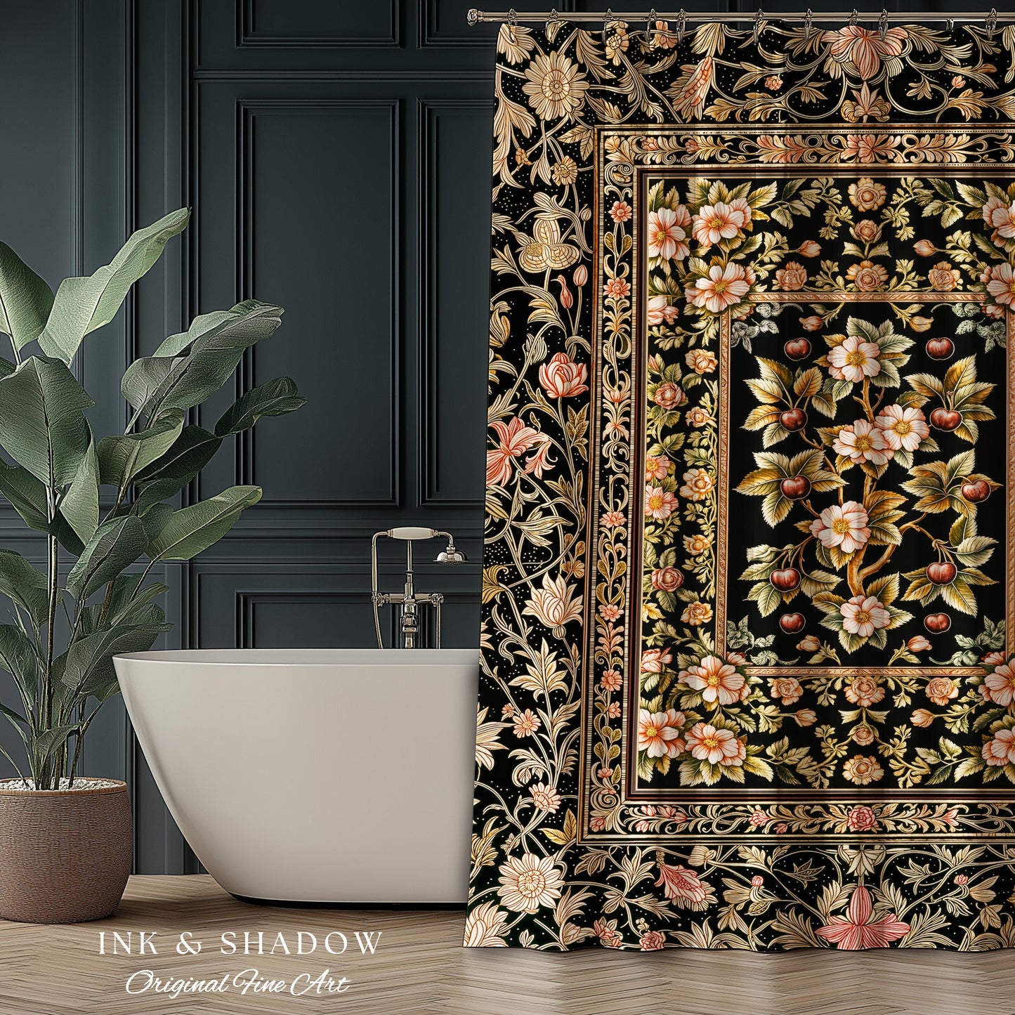 Maximalist Cherry Blossom Shower Curtain | Moody Gothic Garden Decor Romantic Floral Fruit Bathroom Accent Victorian Style Botanical Bath