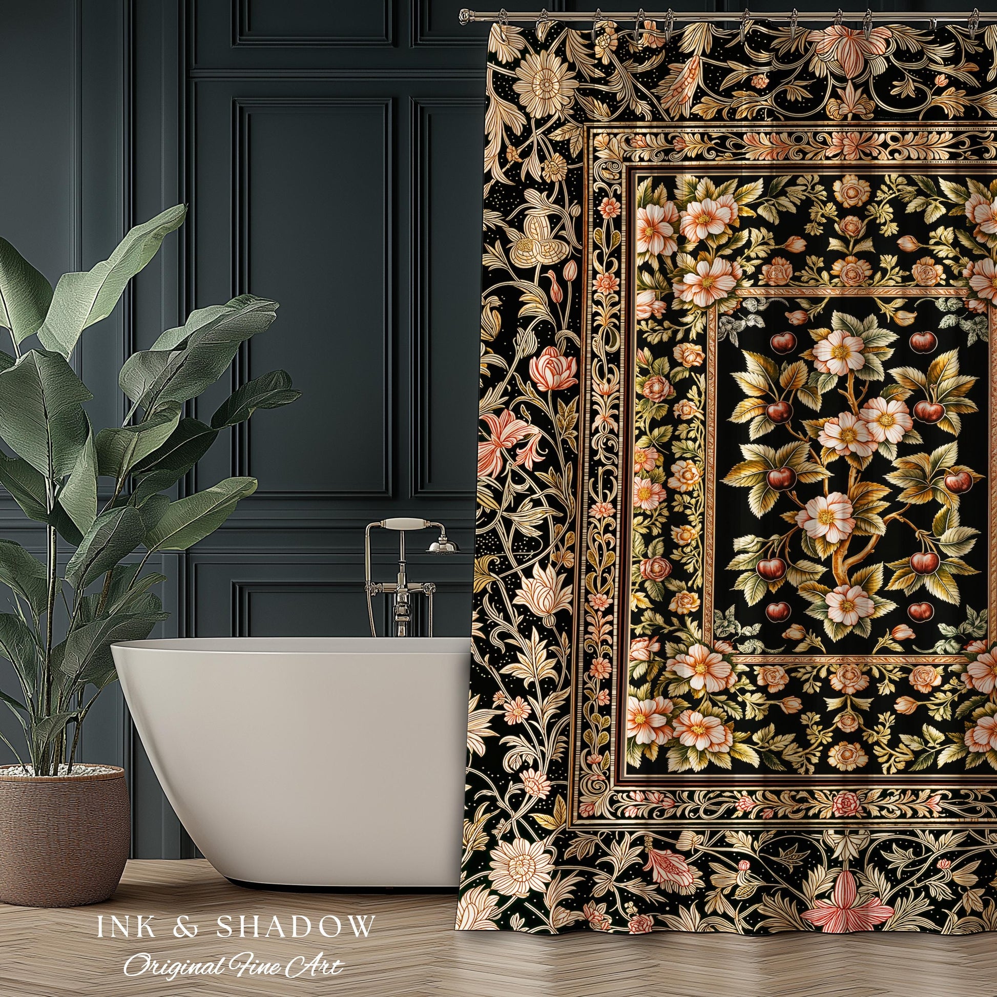 Maximalist Cherry Blossom Shower Curtain | Moody Gothic Garden Decor Romantic Floral Fruit Bathroom Accent Victorian Style Botanical Bath